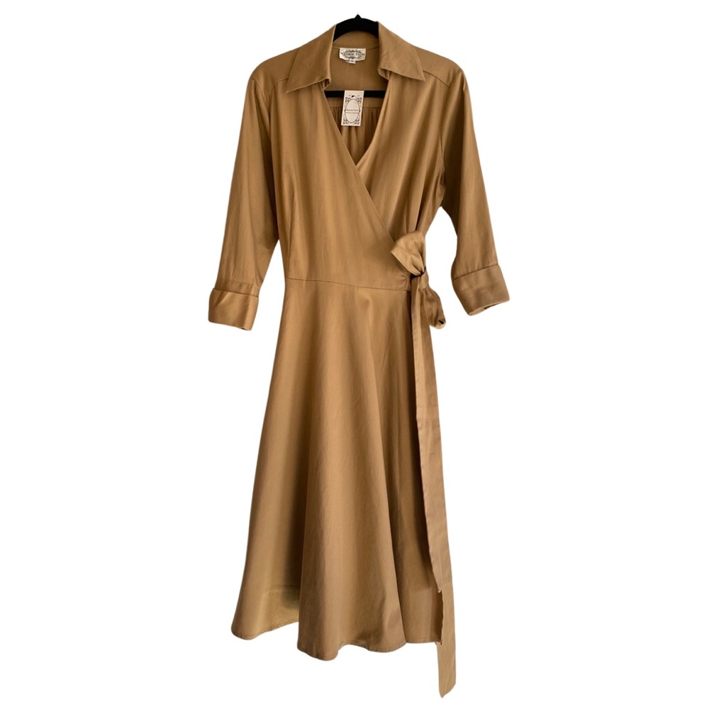 Khaki‎ wrap dress 100% cotton full skirt wraparound ties XL elegant